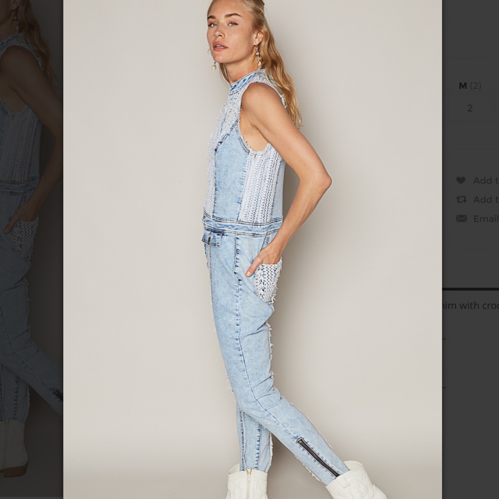 🌼 POL “ Gloria “ POL Jean One Piece Jumpsuit Utility Romper with Crochet 58 - Picture 3 of 6